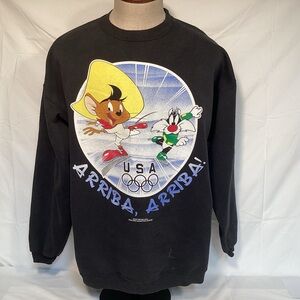 Vintage 1995 Looney Tunes USA Olympics Black Sweatshirt Men’s XL distressed